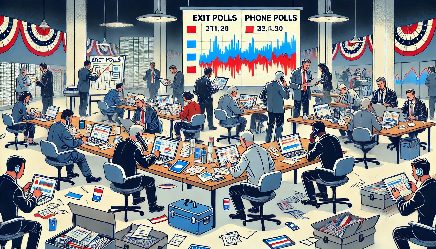 Busy election headquarters scene with frantic pollsters and fluctuating red and blue lines on the whiteboard