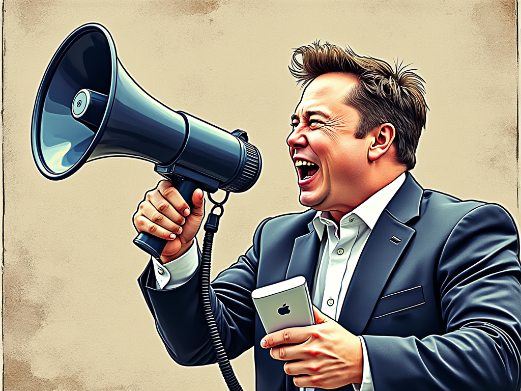 Elon Musk shouting misinformation into a megaphone.