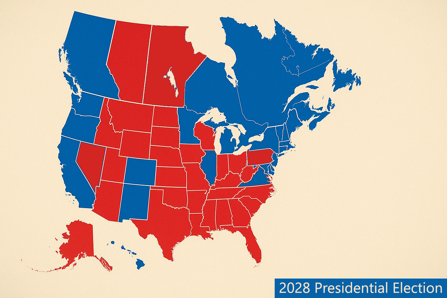 The U.S. Electoral Map in 2028 (based on 2024 Presidential Election results) if Canadian provinces were states (it goes very badly for the Republican party).