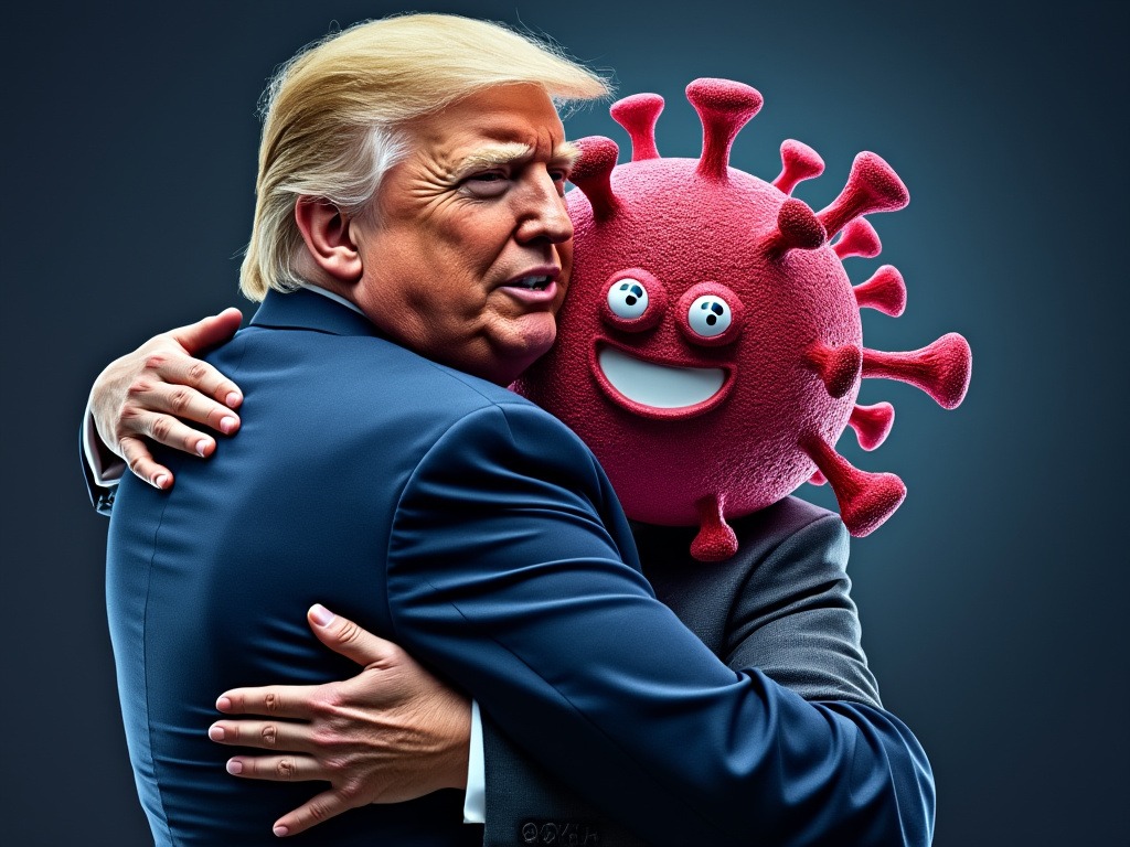 Donald Trump hugging a personified COVID-19 virus molecule.