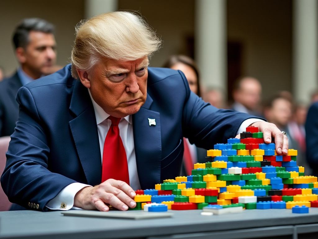 Donald Trump attempting, but failing, to build a wall out of bricks.